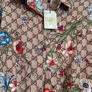 La Lune Women’s Floral Print Button-Up Blouse - Size L - Elegant Pattern